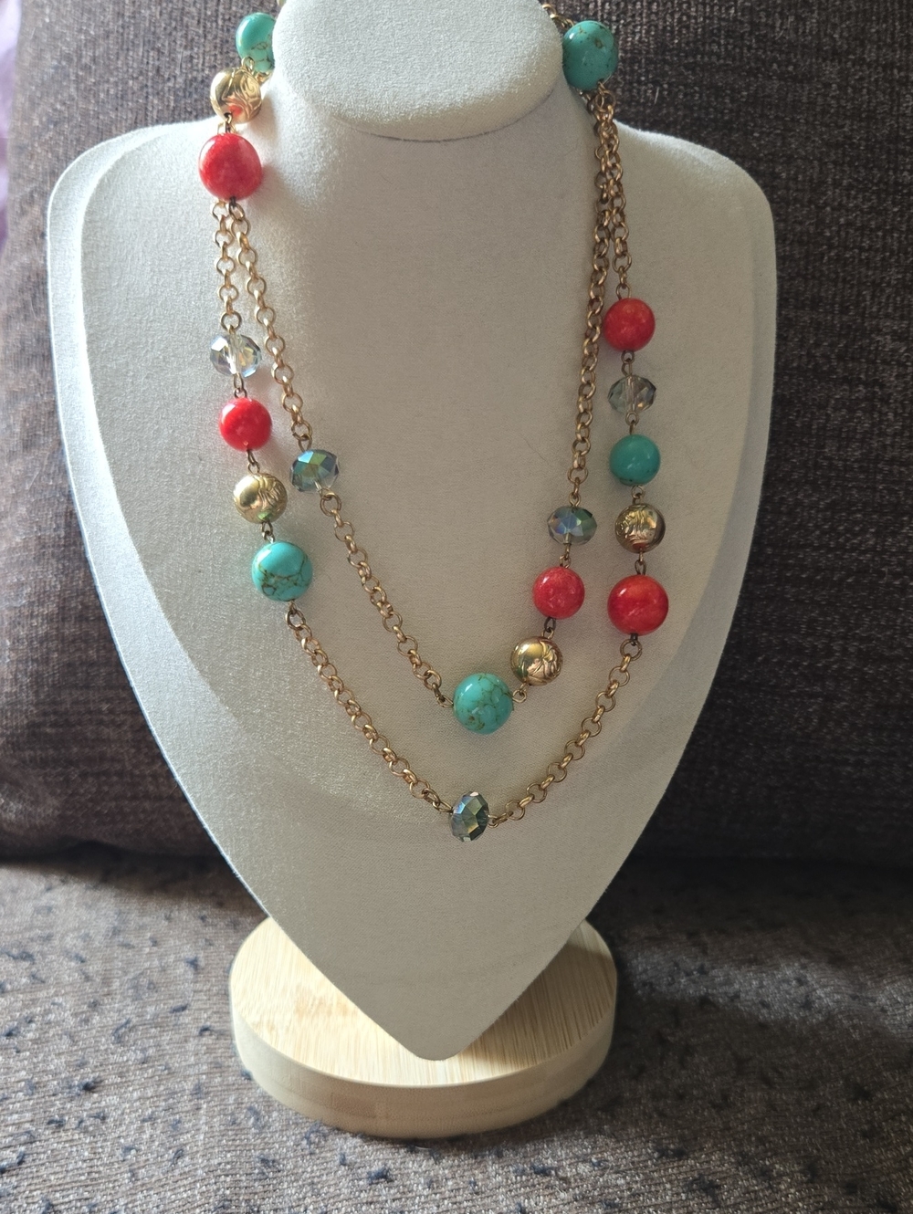 Vintage Chunky Gold Tone Long Necklace with Turquoise and Coral Stone? Beads💫